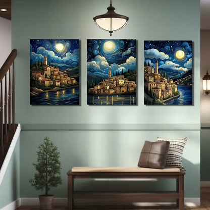 3pcs The Italian Town Of Sanellino Under Moonlight Metal Print Ready to Hang Art
