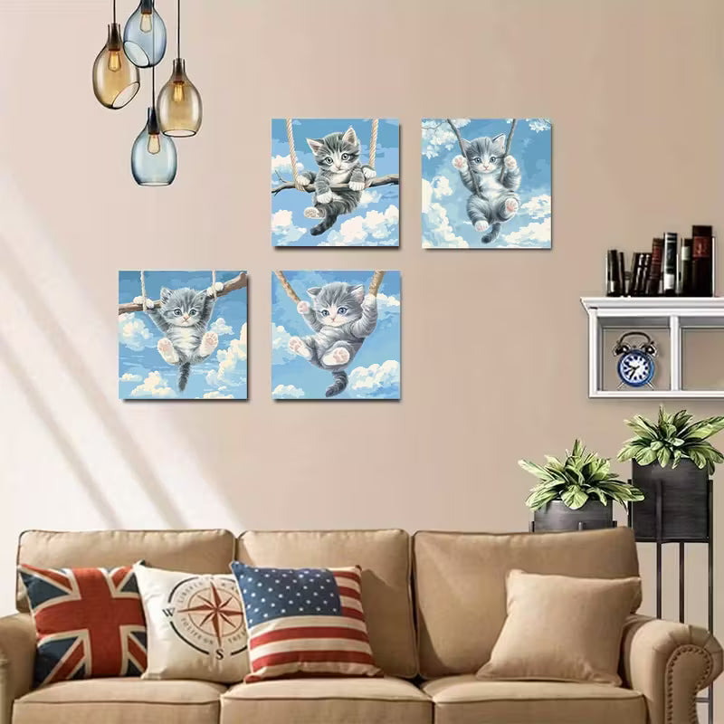 4pcs Modern Swing Design With Blue Sky & Clouds Wall Art Canvas Framed