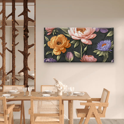 Dark Moody Pink Peony Yellow Purple Floral Pattern Wall Art Canvas Office Home Framed 120x60cm
