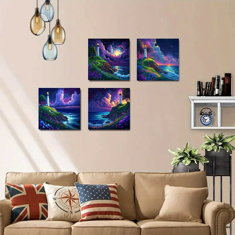 4pcs Rustic Wall Art Magic Lighthouse  Wall Art Canvas Framed