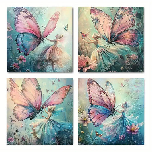 4pcs   Vintage Fairy Butterfly Floral hj    Wall Art Canvas Framed