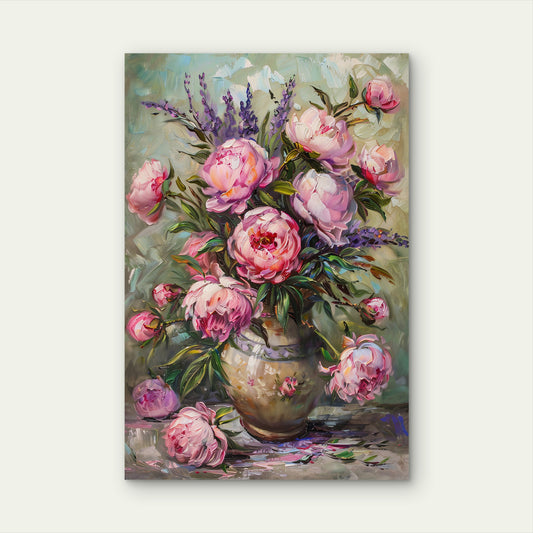 Pink Peony Lavender Vase Impressionist Art 40x60cm Metal Print Ready to Hang