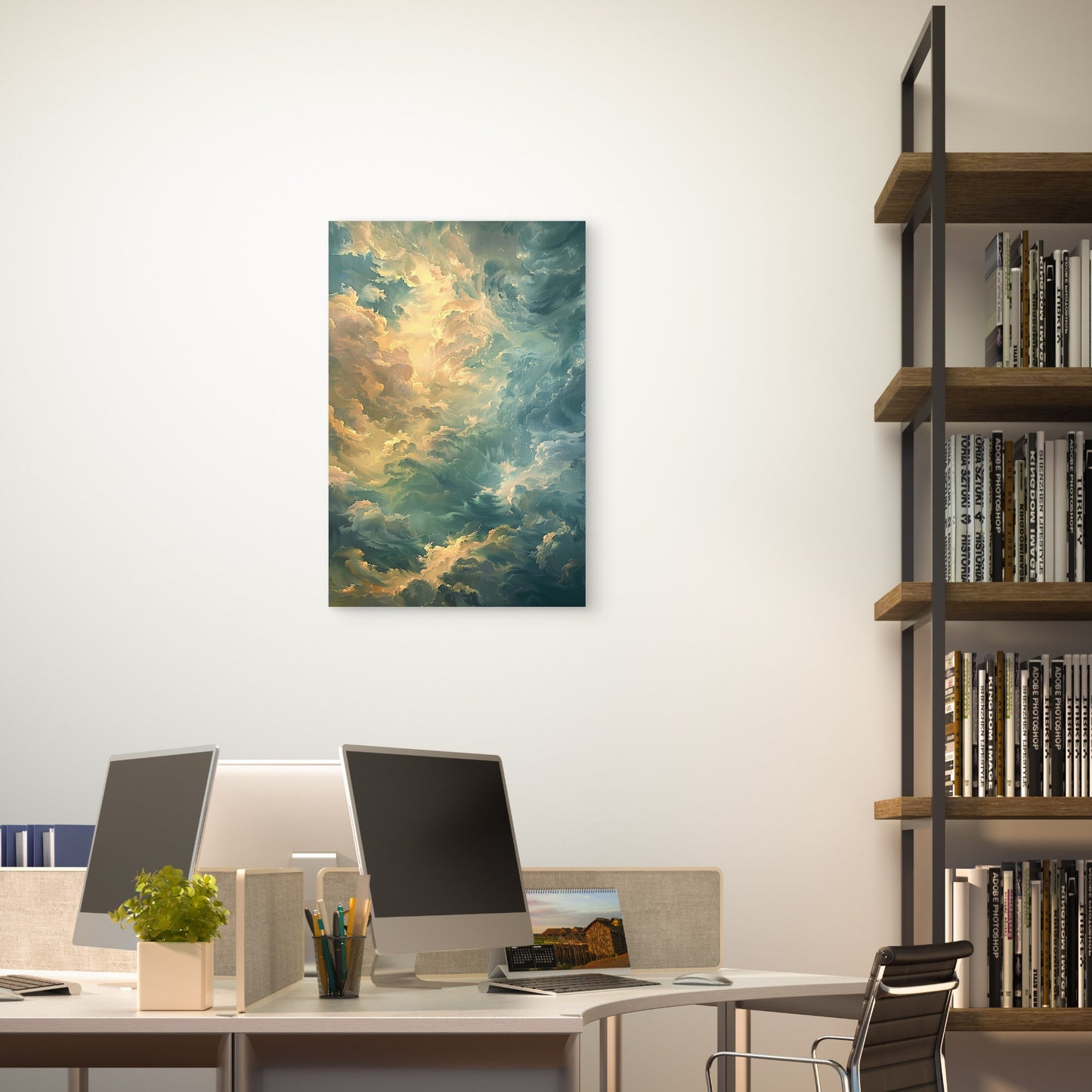Teal Sky Cloud Abstract Oil Style Painting 40x60cm Metal Print Ready to Hang
