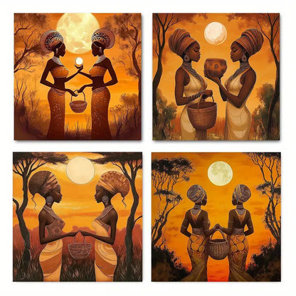 4pcs African Women Carrying Water Cans And Potue Wall Art Canvas Framed
