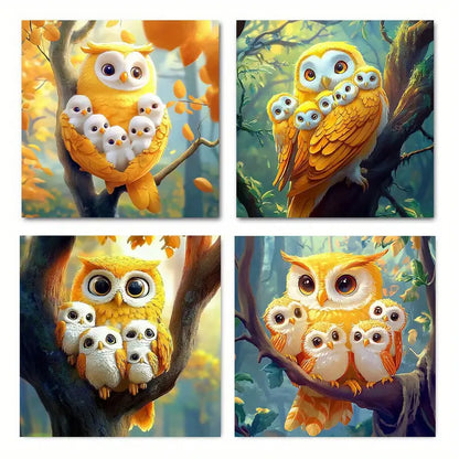 4pcs  yellow owl and Little ow  d f Wall Art Canvas Framed
