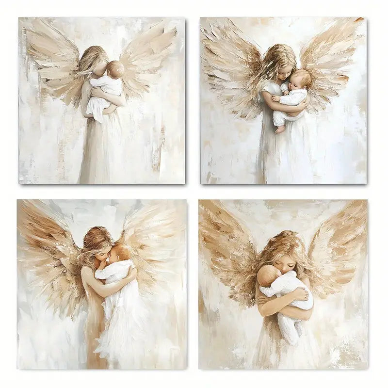 4pcs Baby With Angels Abstract White Printed Wall Art Canvas Framed
