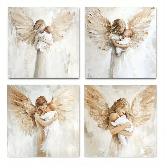 4pcs Baby With Angels Abstract White Printed Wall Art Canvas Framed