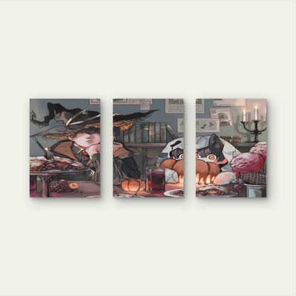 3pcs Wizard Spooky Feast Pumpkin Library Metal Print Ready to Hang Art