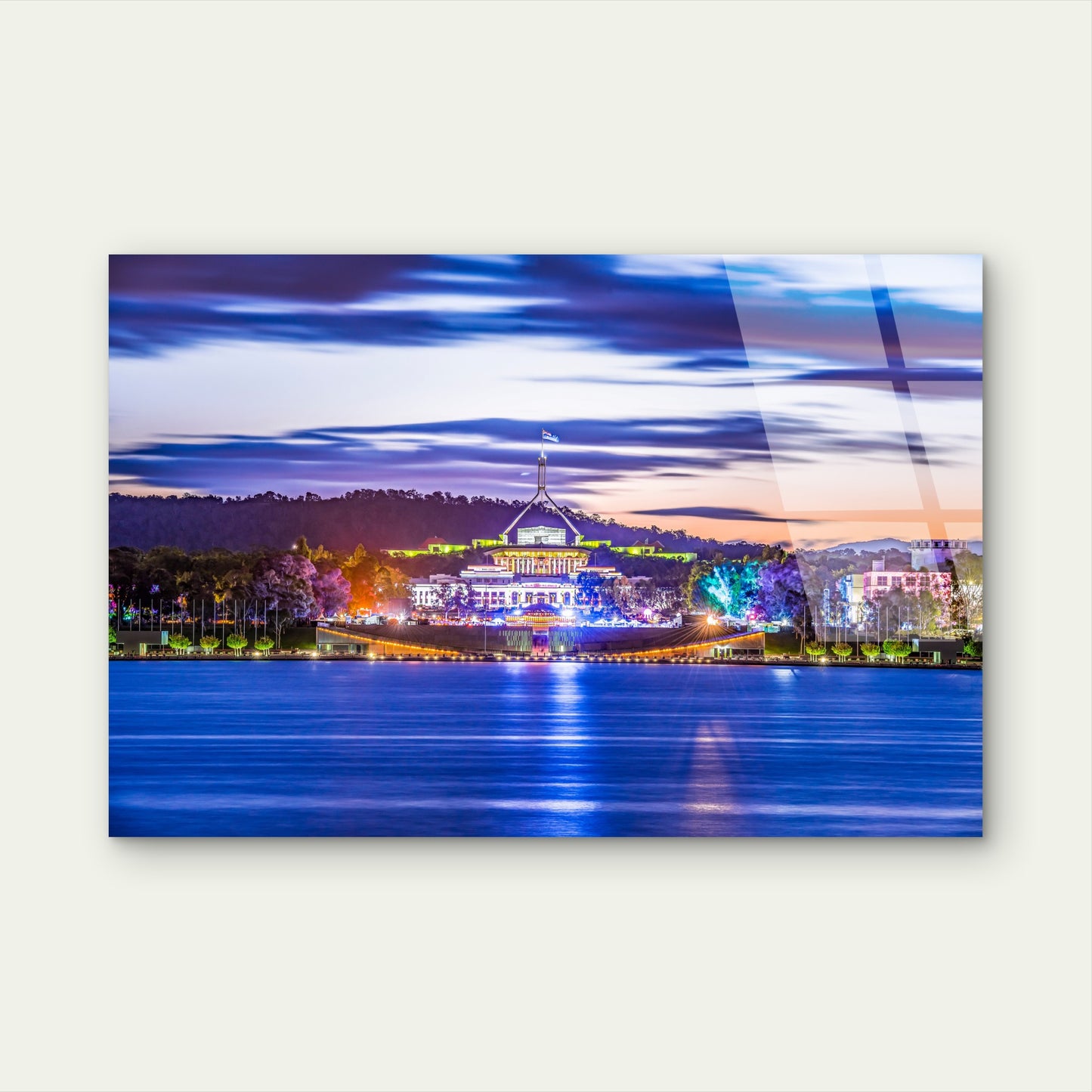 Parliament House Canberra Illuminated Night Skyline Lake Burley Griffin Acrylic Glass Printing Wall Art Australian Made Quality
