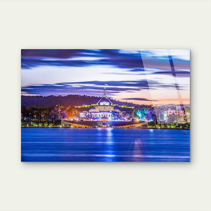 Parliament House Canberra Illuminated Night Skyline Lake Burley Griffin Acrylic Glass Printing Wall Art Australian Made Quality