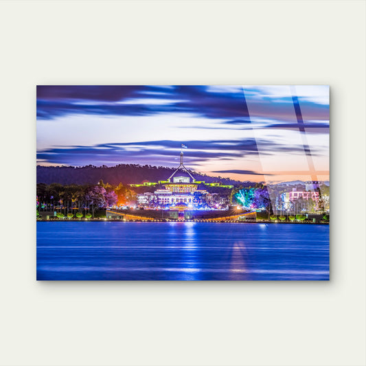 Parliament House Canberra Illuminated Night Skyline Lake Burley Griffin Acrylic Glass Printing Wall Art Australian Made Quality