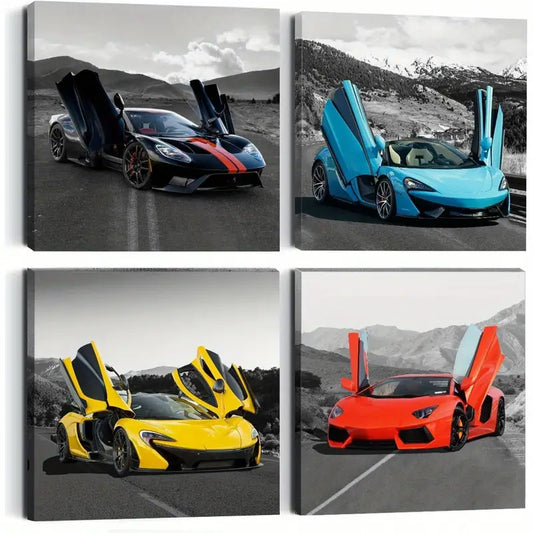 4pcs  Colorful Sports Car  Wall Art Canvas Framed