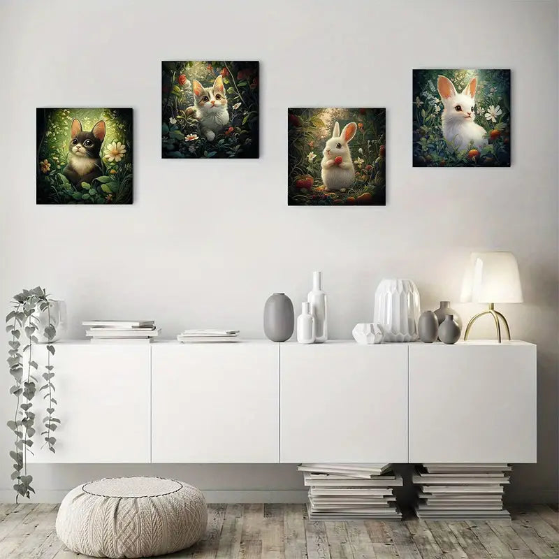 4pcs Painting Rabbit Gras Wall Art Canvas Framed