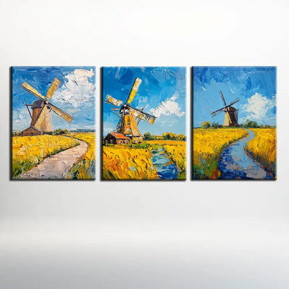3pcs Windmill Rustic Countryside Oil Painting Metal Print Ready to Hang Art