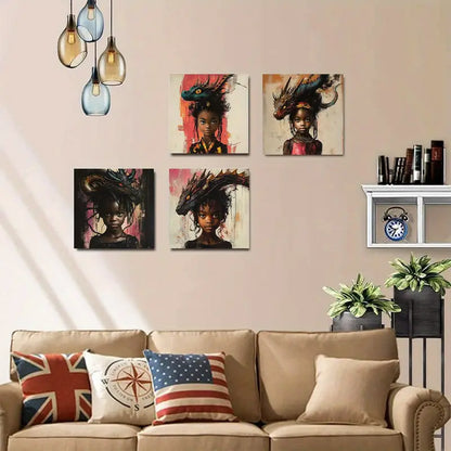 4pcs Modern Graffiti Black Girl Picture Wall Art Canvas Framed