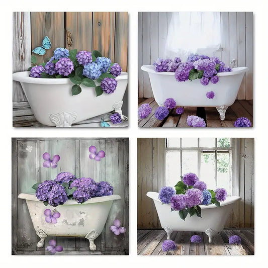 4pcs Purple Hydrangea In Vintage Bathtub Wall Art Canvas Framed
