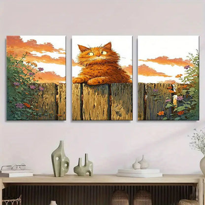 3pcs Orange Cat Sitting On Wooden Fence Metal Print Ready to Hang Art