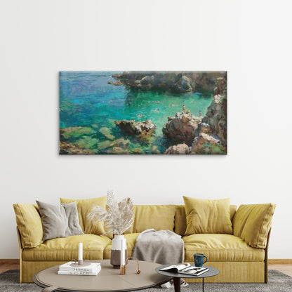 Blue Ocean Alongside a Rocky Wall Art Canvas Office Home Room Framed 120x60cm - Bella Home Decor