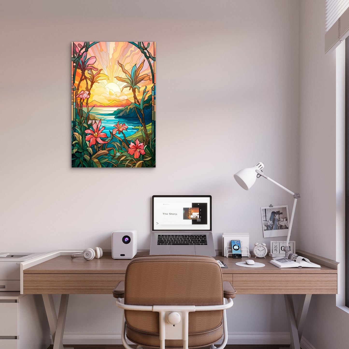 Tropical Beach Sunset Palm Flower 40x60cm Metal Print Ready to Hang