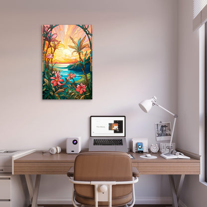 Tropical Beach Sunset Palm Flower 40x60cm Metal Print Ready to Hang