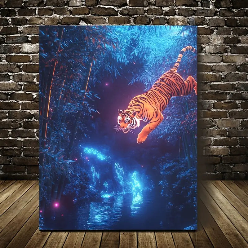 Tiger Swinging in Bamboo Grove with Neon 40x60cm Metal Print Ready to Hang - Bella Home Decor