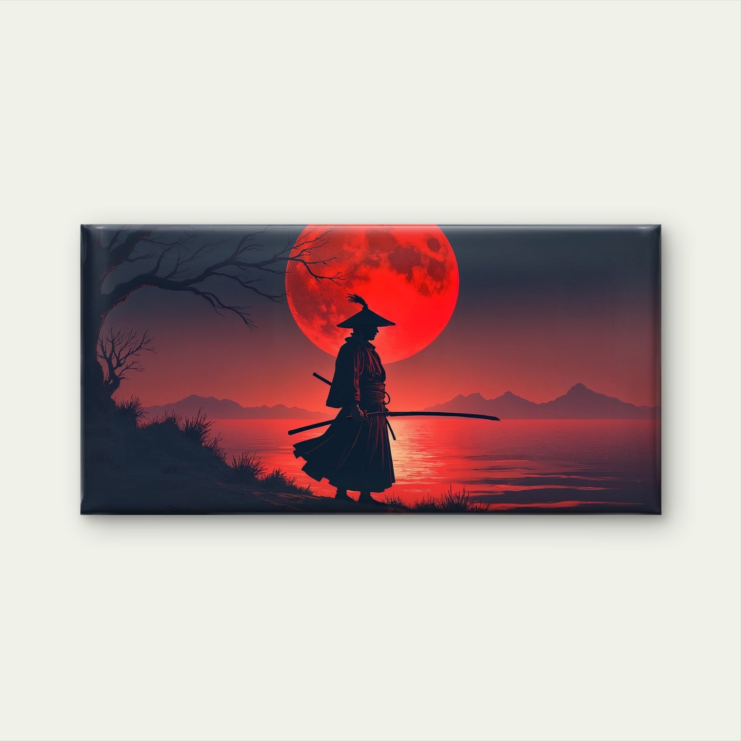 Blood Moon Samurai Shadow Wall Art Canvas Office Home Room Framed 120x60cm