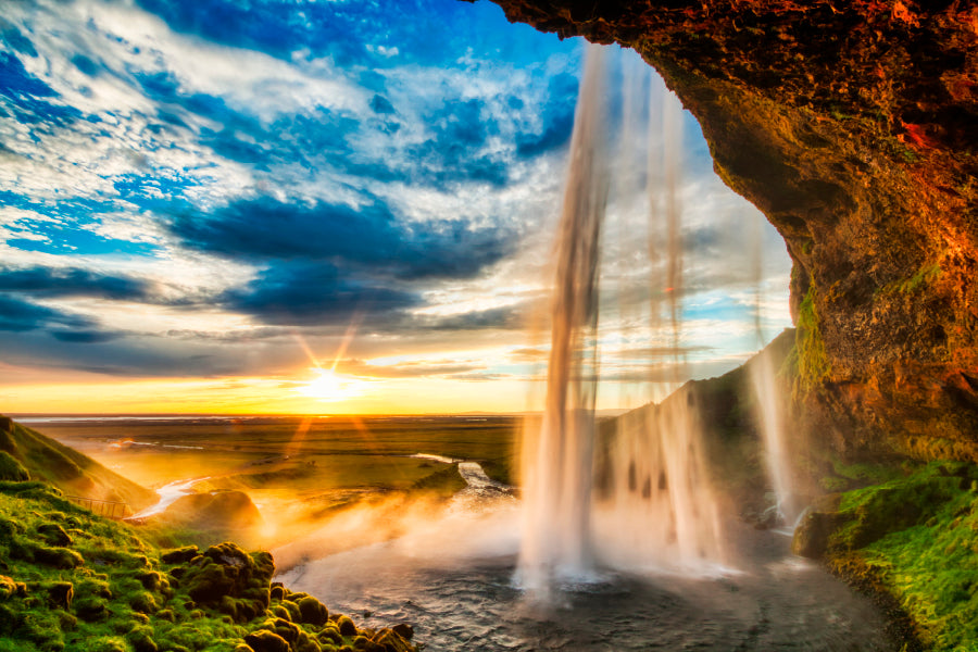 Seljalandfoss Waterfall At Sunset in Hdr, Iceland Acrylic Glass Print Tempered Glass Wall Art 100% Made in Australia Ready to Hang