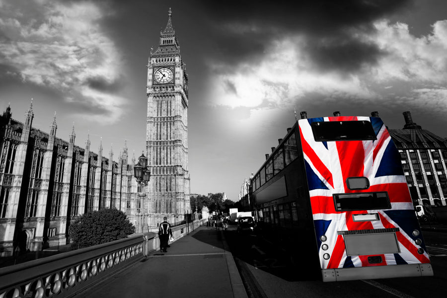 Big Ben with City Bus Covered Flag of England, London, UK Wall Art Decor 100% Australian Made