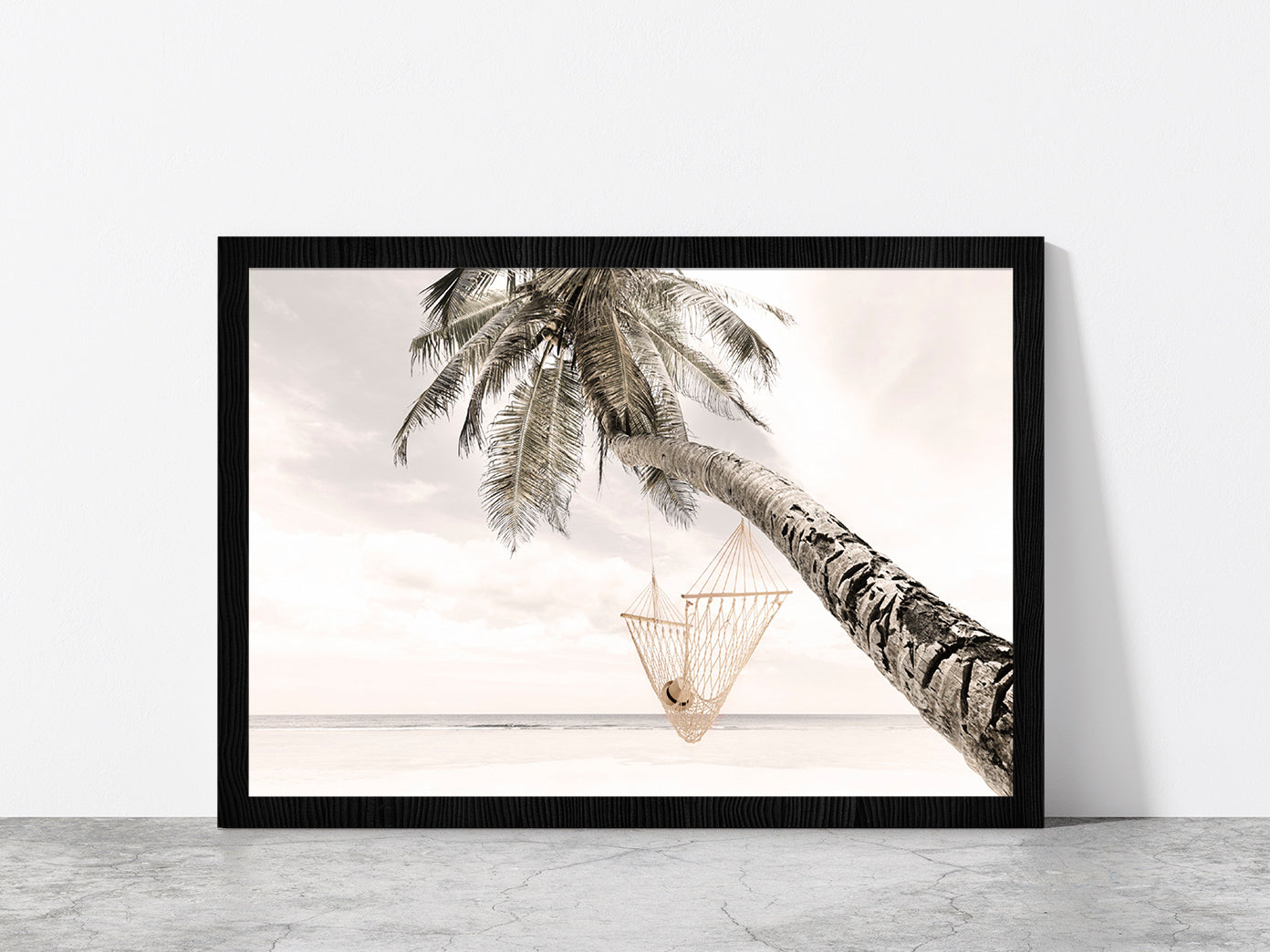 Hammock on Palm Tree near Beach Faded Photograph Glass Framed Wall Art, Ready to Hang Quality Print Without White Border Black