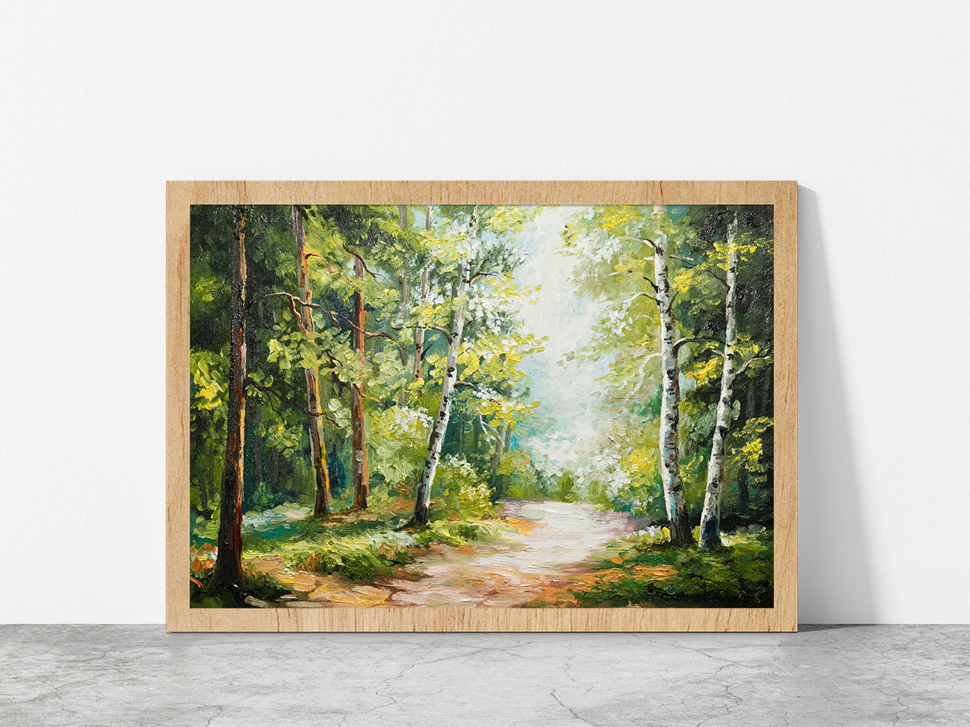 Trees On Summer Forest & Forest Road Glass Framed Wall Art, Ready to Hang Quality Print Without White Border Oak