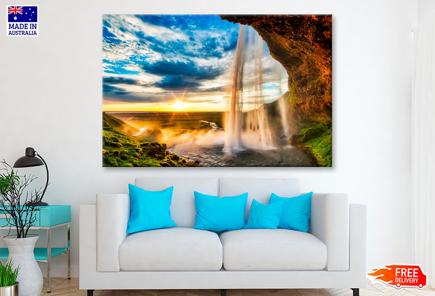 Seljalandfoss Waterfall At Sunset in Hdr, Iceland Wall Art Decor 100% Australian Made