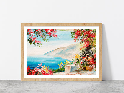 House With Colorful Flowers Near The Sea Glass Framed Wall Art, Ready to Hang Quality Print With White Border Oak