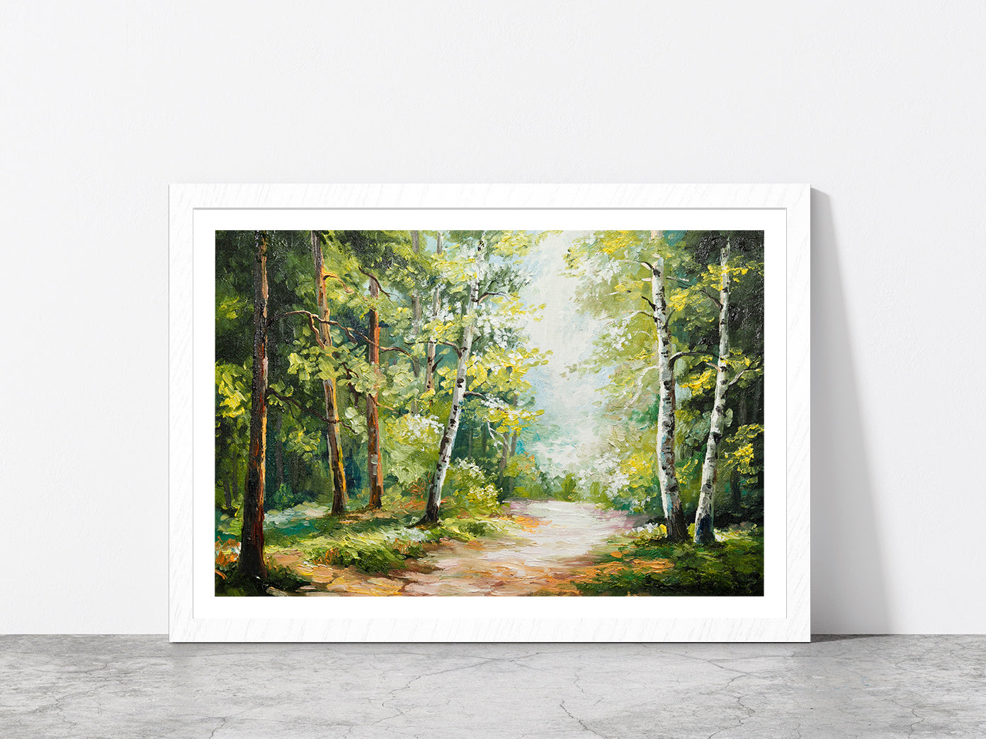 Trees On Summer Forest & Forest Road Glass Framed Wall Art, Ready to Hang Quality Print With White Border White