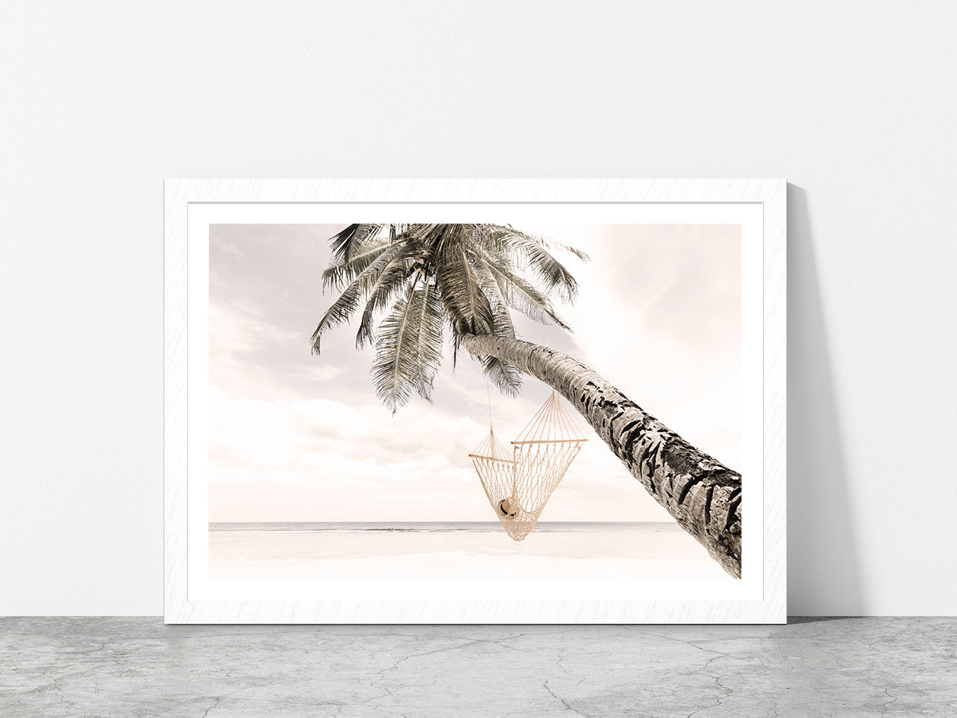 Hammock on Palm Tree near Beach Faded Photograph Glass Framed Wall Art, Ready to Hang Quality Print With White Border White