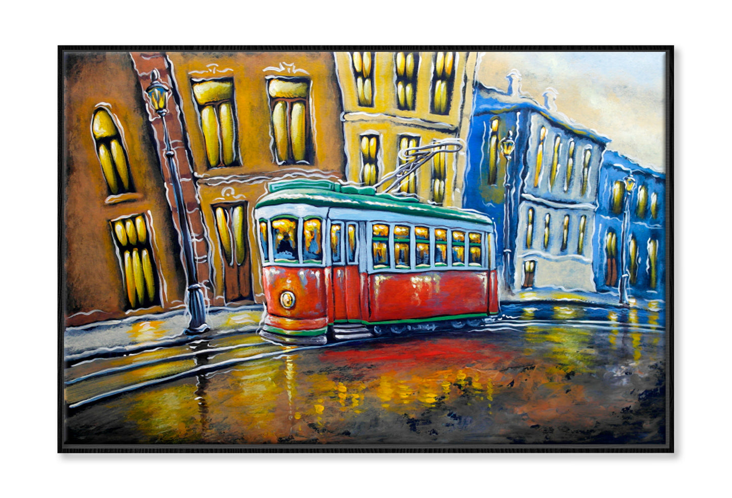 Old Tram City Oil Painting Wall Art Limited Edition High Quality Print Canvas Box Framed Black