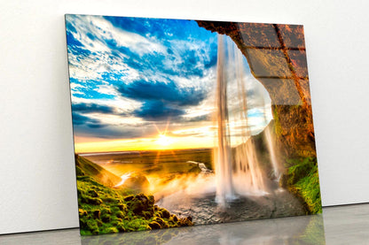 Seljalandfoss Waterfall At Sunset in Hdr, Iceland Acrylic Glass Print Tempered Glass Wall Art 100% Made in Australia Ready to Hang