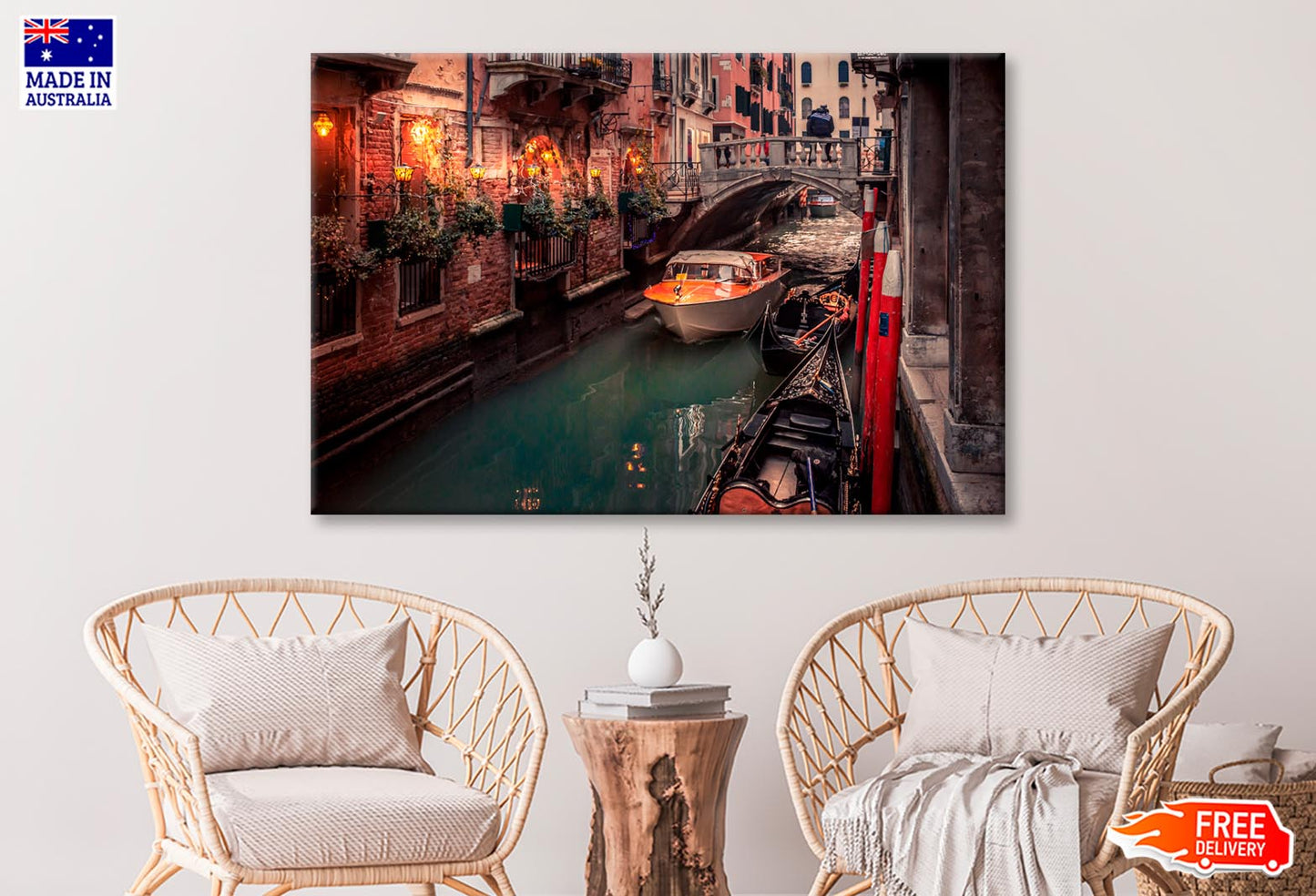 Canal With a Boat in It and A Bridge Wall Art Decor 100% Australian Made