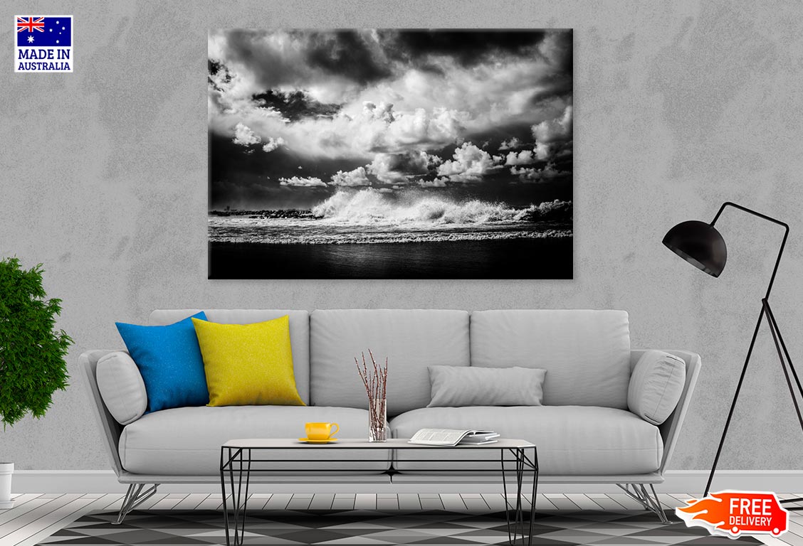 Beach On Waves & Cloudy Sky B&W Print 100% Australian Made