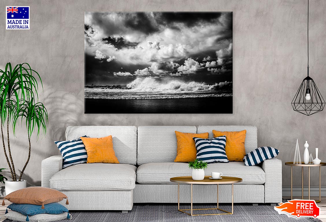 Beach On Waves & Cloudy Sky B&W Print 100% Australian Made