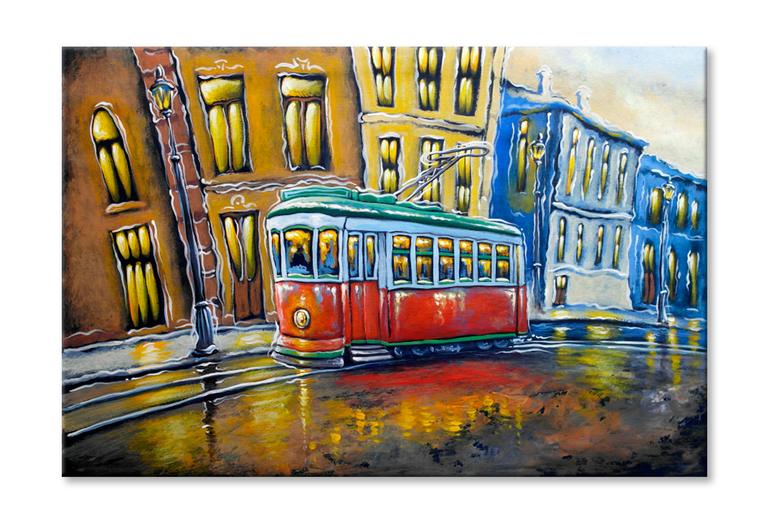 Old Tram City Oil Painting Wall Art Limited Edition High Quality Print Stretched Canvas None