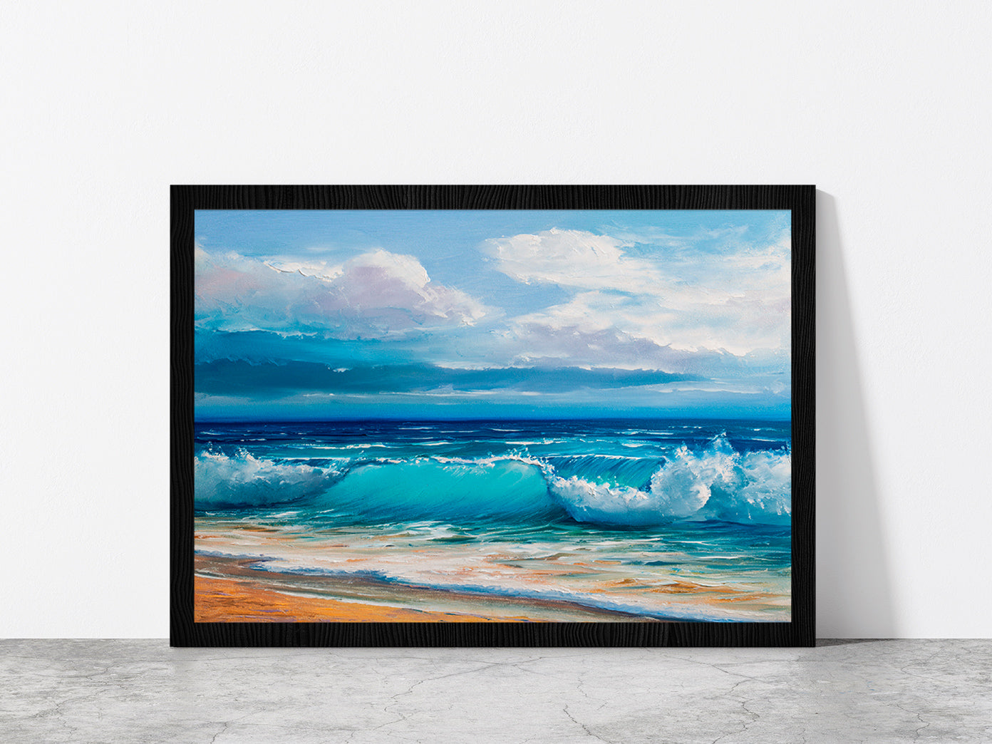 Sea Waves With Beach Painting Glass Framed Wall Art, Ready to Hang Quality Print Without White Border Black