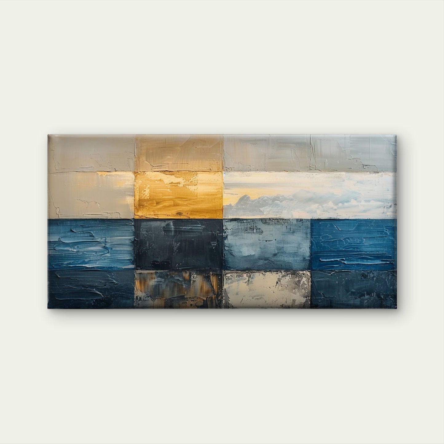 Blue Gold Mosaic Abstract Geometry Wall Art Canvas Office Home Framed 120x60cm