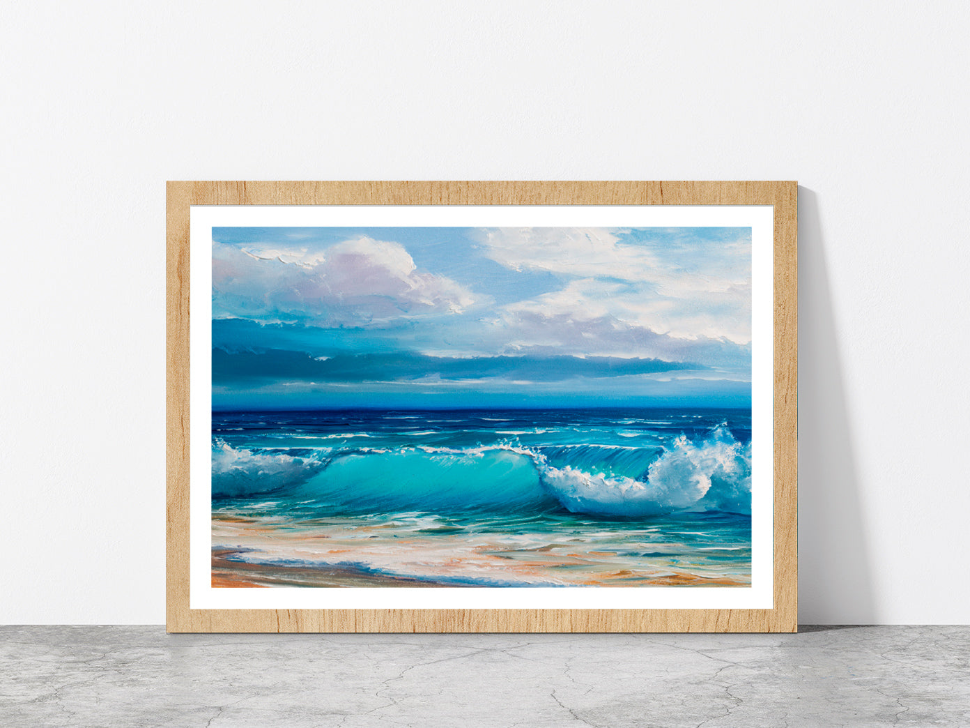 Sea Waves With Beach Painting Glass Framed Wall Art, Ready to Hang Quality Print With White Border Oak