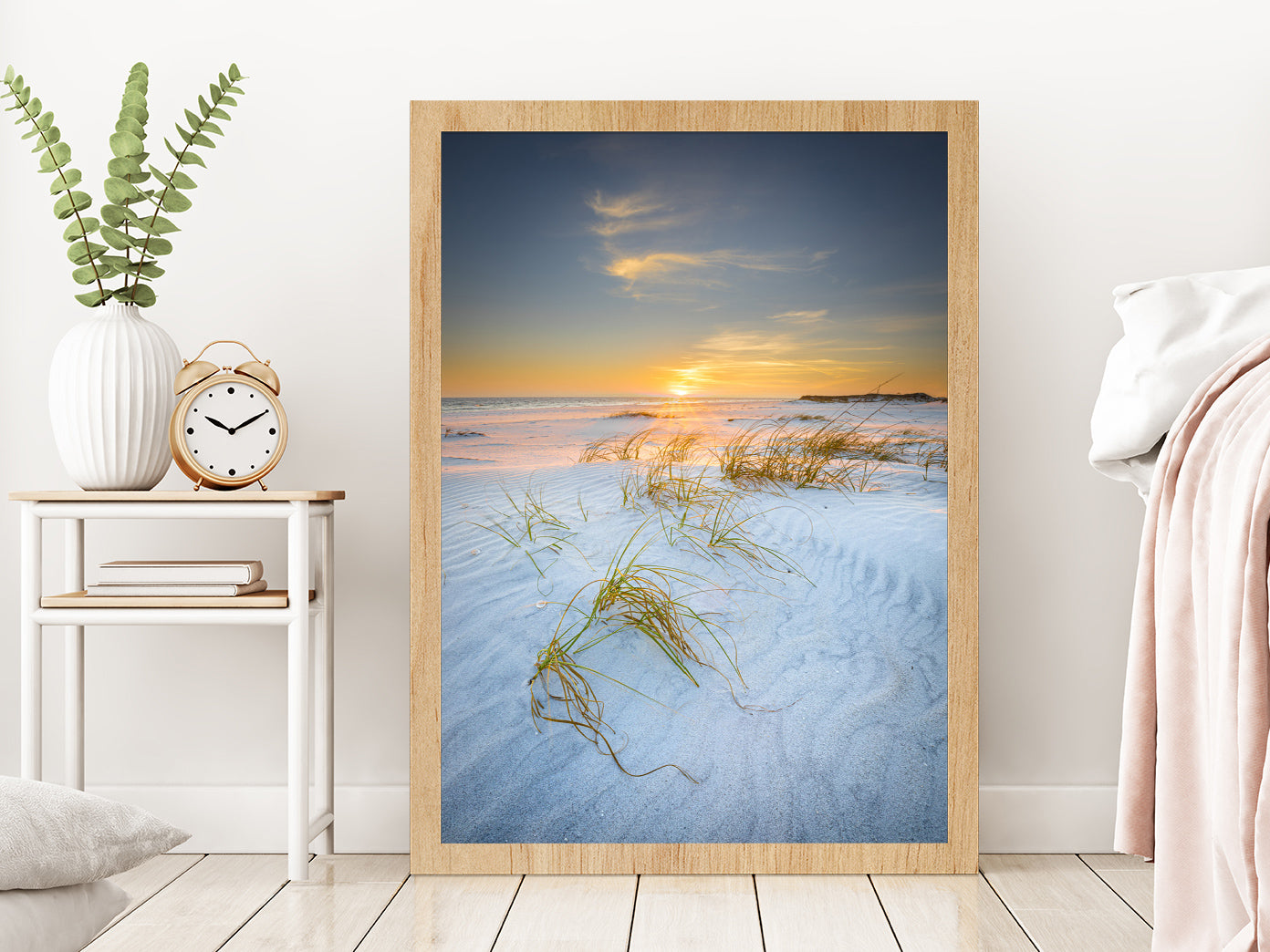 Sandy Sea Dunes in Walton Beach Sunset View Photograph Glass Framed Wall Art, Ready to Hang Quality Print Without White Border Oak