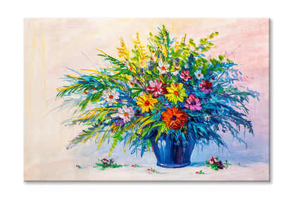 Colorful Flowers with Leaves in Vase Oil Painting Wall Art Limited Edition High Quality Print Stretched Canvas None