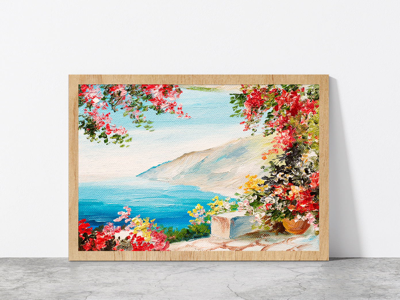 House With Colorful Flowers Near The Sea Glass Framed Wall Art, Ready to Hang Quality Print Without White Border Oak