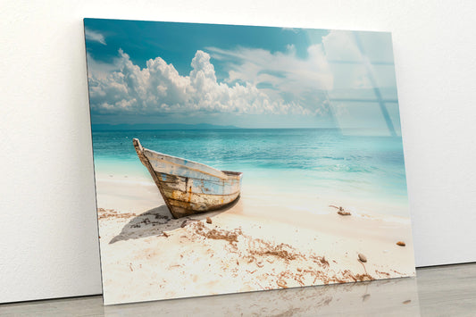 Boat Sits On the Golden Sand of a Beach Acrylic Glass Print Tempered Glass Wall Art 100% Made in Australia Ready to Hang