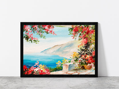 House With Colorful Flowers Near The Sea Glass Framed Wall Art, Ready to Hang Quality Print Without White Border Black