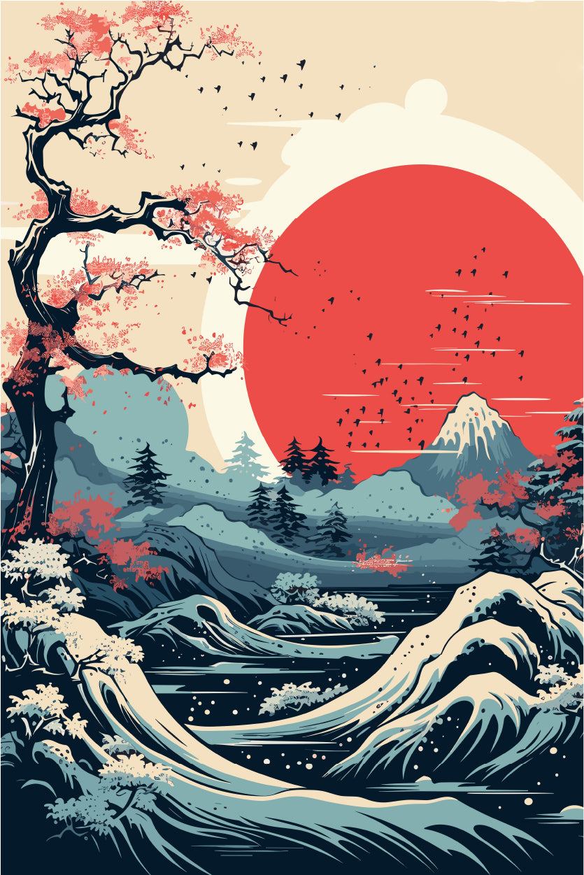 Japanese Wave Mount Fuji Red Sun 40x60cm Metal Print Ready to Hang