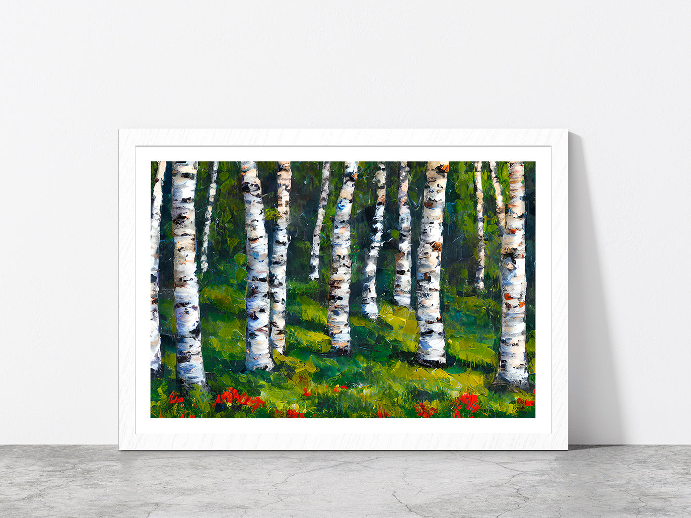 Birch Forest In Spring Glass Framed Wall Art, Ready to Hang Quality Print With White Border White